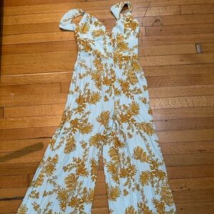 Free People Light Blue and Gold Floral Jumpsuit